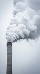 Thick white exhaust smoke billows heavily from a tall concrete industrial chimney stack against a dull sky, symbolizing factory output, power, air quality, factory