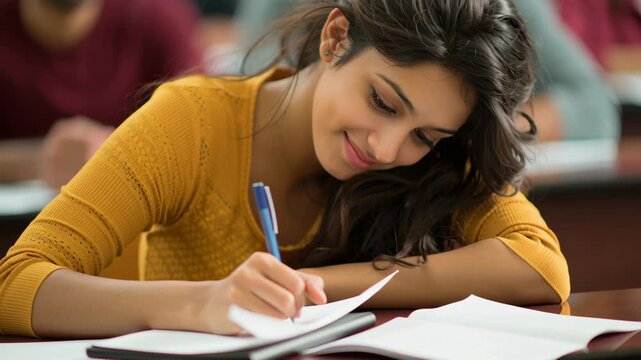 A girl is sitting in a classroom with a pen in her hand. She is smiling. Indian adult student taking notes during a small group discussion, thoughtful engagement, modern Indian learning environment