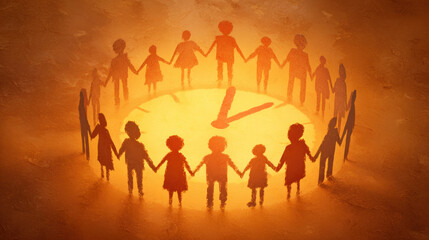 Family clock community holding hands around glowing clock face showing unity and shared time in warm orange light