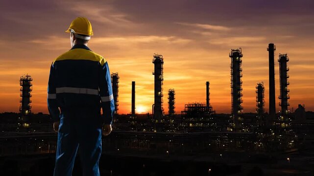 Engineer in hard hat observing industrial facility at dusk with refinery towers and machinery