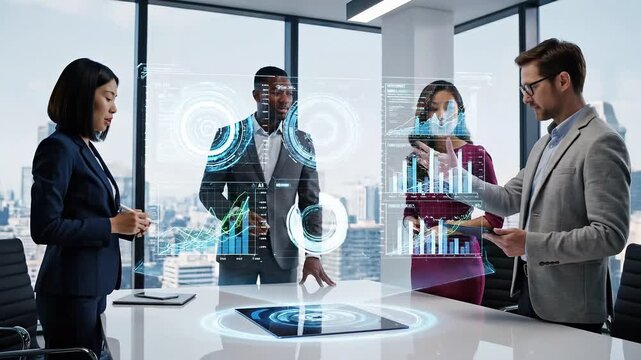Diverse business team collaborating with holographic data displays in a modern conference room for corporate strategy.