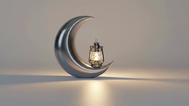 Ramadan Lantern on Crescent Moon Symbolizing Islamic Holy Month.
