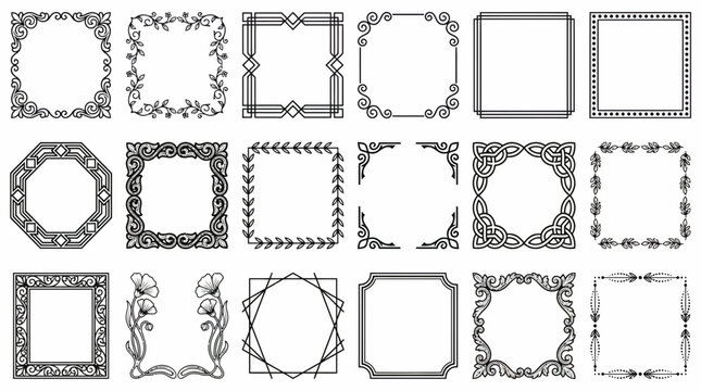 Twenty-four black outline vintage vector frames and borders set with detailed floral, ornamental and geometric designs, concept for wedding invitation, certificate design and menu decoration