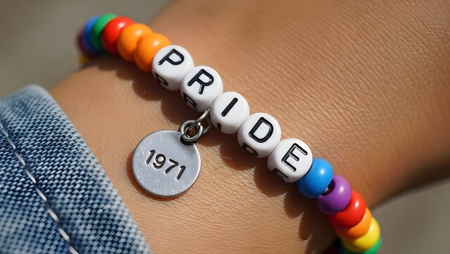 Pride bracelet with the word 'Pride' spelled out in rainbow beads and a 1971 charm, a symbol of LGBTQ+ rights and celebration