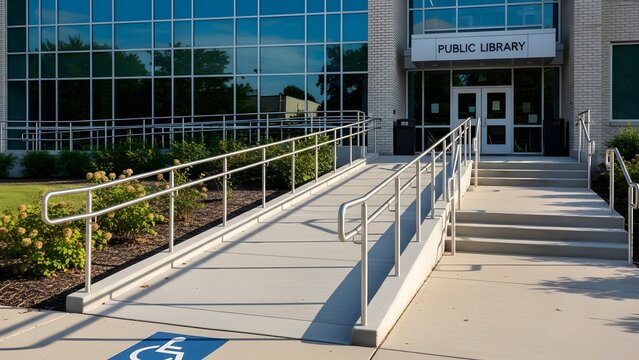 Modern public library entrance featuring an accessible ramp and stairs, designed for universal access and community convenience, reflecting inclusive architectural design principles