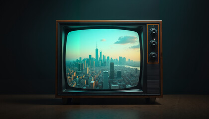 Fototapeta premium Retro television showing urban skyline with skyscrapers during sunset