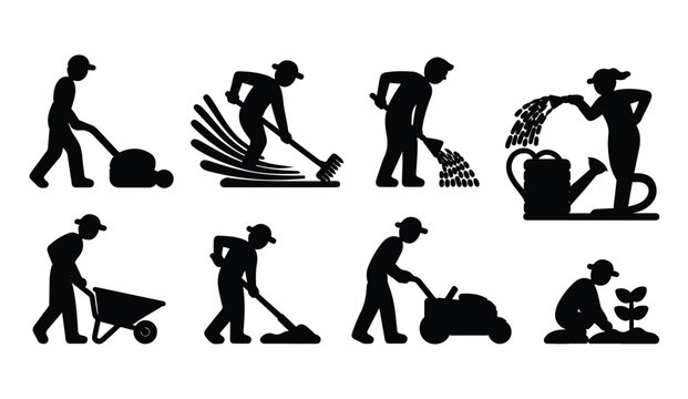 Gardening silhouette icons set on white background doing outdoor work