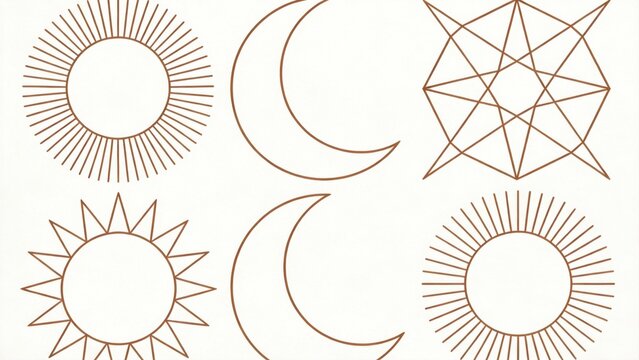 Abstract celestial line icons set with sun moon and sacred geometry symbols,minimal boho astrology illustrations for branding,wall art,tattoo design and spiritual decoration
