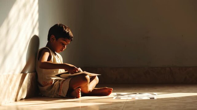 Indian child sitting alone on the floor reviewing flashcards, quiet determination, Indian home interior, minimal distractions, soft natural shadows, contemplative mood