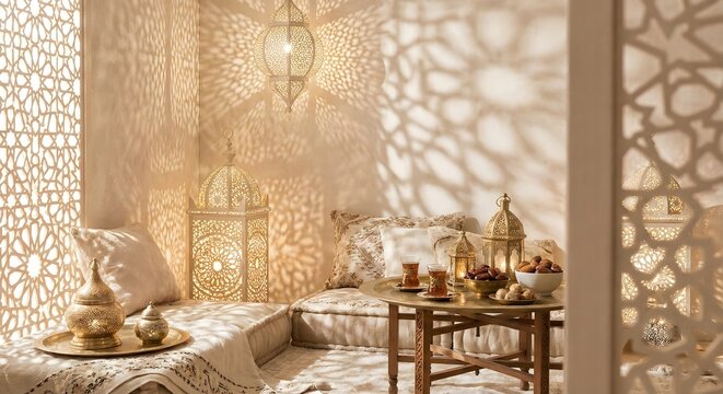 Traditional Majlis Living Room with Islamic Screens Lanterns and Coffee Set