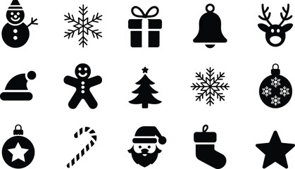 Collection of black Christmas holiday icons including snowman, snowflake, gift, bell, reindeer symbol © MstRajina