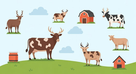 Farm animals and deer illustration with barns and clouds. © Dita