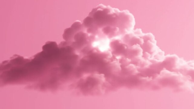 A large fluffy pink cloud with sun shining brightly through it against a soft pink background in a serene and dreamy atmosphere.