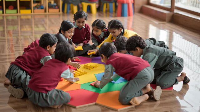 Indian children sitting in a circle experimenting with colorful learning materials, hands-on discovery, bright and inviting Indian classroom, high realism, commercial editorial style