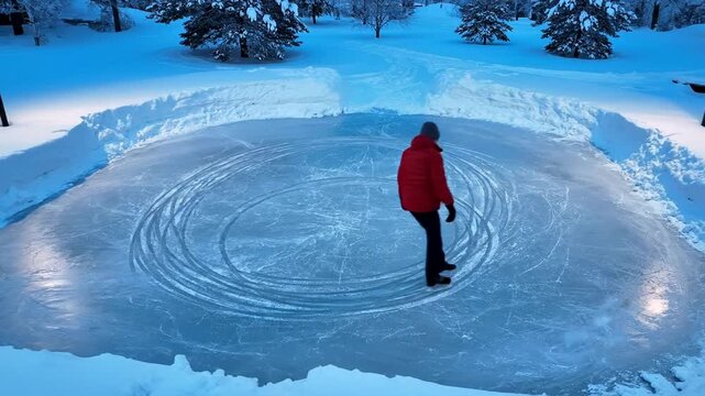Adult man in red jacket on outdoor backyard ice rink, fresh skate circles and packed snow banks, calm winter evening mood, ideal for Christmas and cold weather recreation