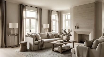 Fototapeta premium Elegant neutral living room with comfortable sofas and a modern fireplace.