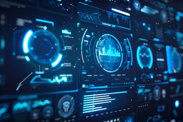 Obraz premium Futuristic AI user interface hologram in blue color scheme, data processing visualization, clean minimal UI style, dark background, professional technology concept.