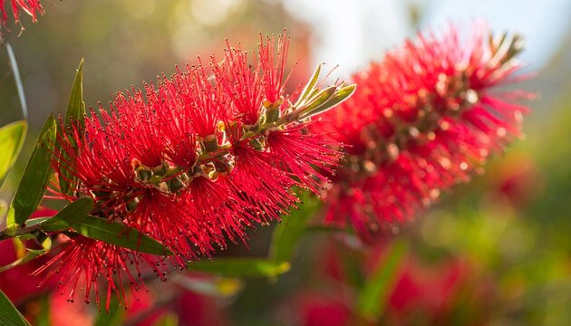 Close-up of vibrant red bottlebrush flowers in bright sunlight, showcasing natural beauty.