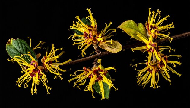Close-up of vibrant yellow witch hazel flowers blooming on a dark background.