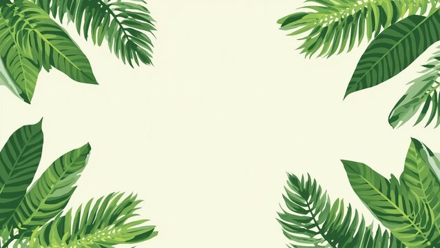 Tropical summer botanical frame with vibrant green palm fronds and monstera leaves forming a lush exotic border for vacation marketing, beach party invitations, and professional travel-themed social