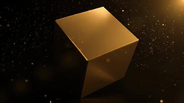 Golden cube with floating particles in dark space