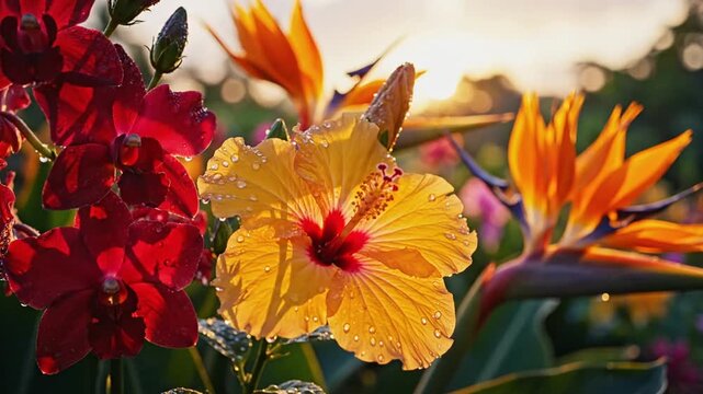Beautiful Hibiscus and Bird of Paradise Flowers in Sunlight with Water Droplets, Vibrant Colors