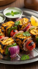 Grilled Paneer Tikka Skewers with Vegetables and Mint Chutney.