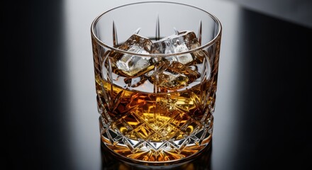 Close up shot of a crystal whisky glass filled with golden brown spirit and large melting ice cubes resting on a dark, reflective surface, refreshing, tumbler, chilling