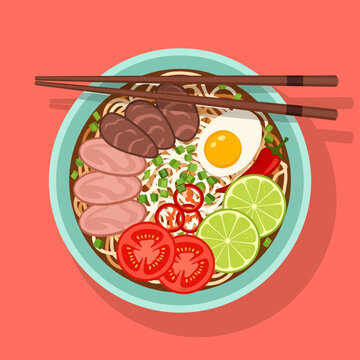 A vibrant overhead vector illustration of a teal bowl filled with savory noodle soup, garnished with sliced beef, ham, lime, tomatoes, chilies, and a soft-boiled egg, completed by wooden chopsticks