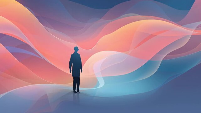 A man is walking in a colorful, abstract space. The colors are bright and vibrant. Human silhouette surrounded by soft flowing data-like shapes, efficiency and adaptability theme, conceptual editorial