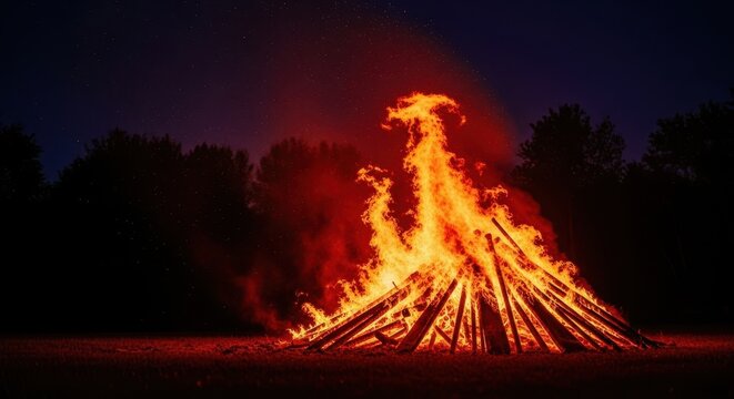 Warm, flickering light of a massive outdoor bonfire illuminates the surrounding darkness, creating a dramatic and cozy atmosphere, vibrant, natural, dark