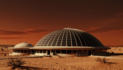 Obraz premium Futuristic domed research station nestled in a barren desert landscape under a red sky