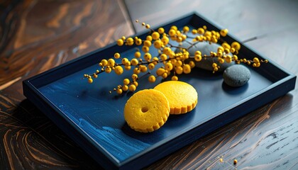 Elegant presentation of two round cookies with yellow berries on a dark tray.