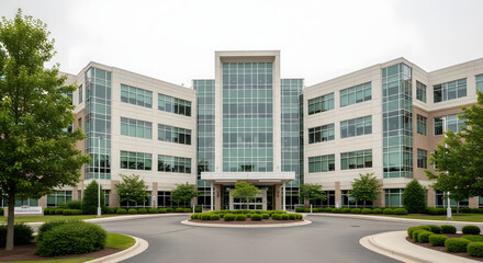 Obraz premium Modern glass facade building reflecting urban life and architectural innovation in a bustling cityscape.