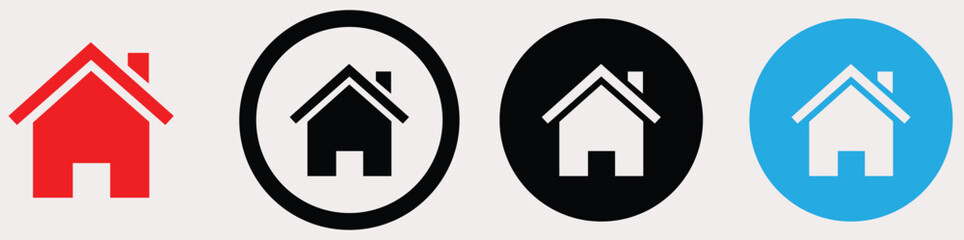 Obraz premium Set of four house icons: solid red, black outline, black filled, and blue filled, representing home or real estate.