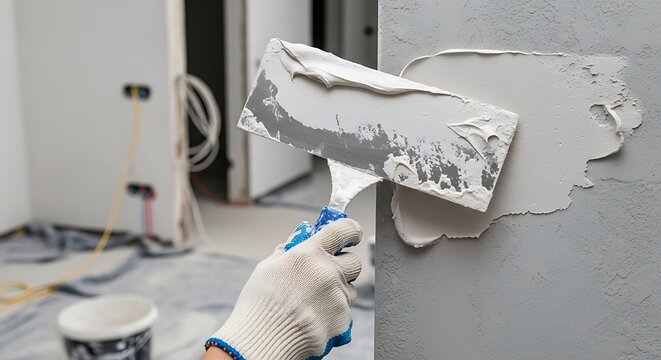 Construction worker applies plaster material onto an interior wall surface using a finishing trowel