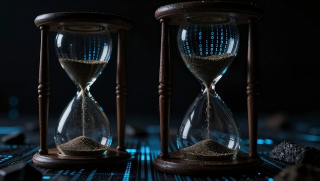 Two hourglasses with sand flowing one displaying binary code within the glass