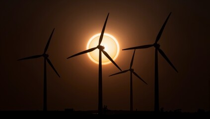 Fototapeta premium Silhouettes of wind turbines against a bright sun during a solar eclipse