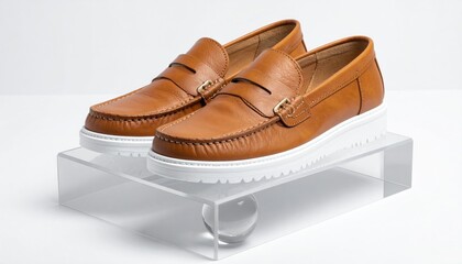Classic brown leather penny loafers for men on clear acrylic stand.