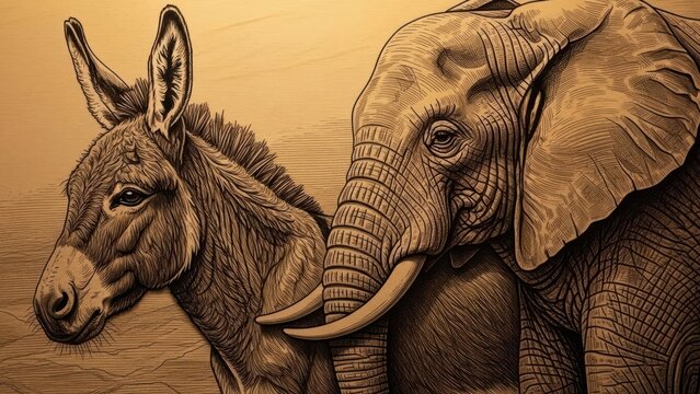 A finely detailed monochrome drawing of a donkey and elephant sharing space in the frame