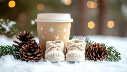 Cozy Winter Morning Scene with Hot Coffee Cup Baby Booties and Pine Cones.