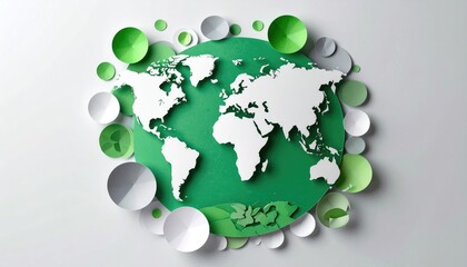 Green papercraft globe with world map continents and decorative circles.