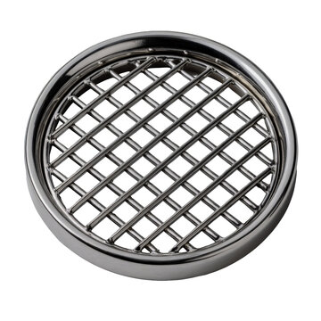 Round stainless steel grill grate insert with parallel bars, top-down on white