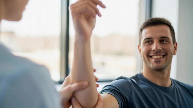 Physical therapist mobilizing patient forearm during rehabilitation session