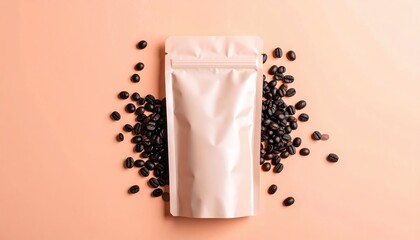 Blank coffee pouch mockup surrounded by roasted coffee beans on a pastel background.