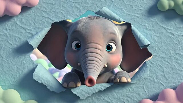 Cartoon elephant peeking through ripped paper background for child concept
