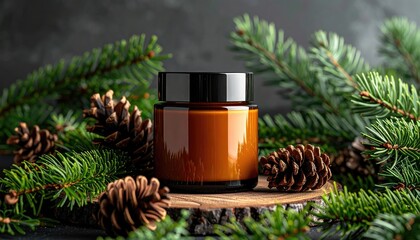 Amber glass cosmetic jar surrounded by natural pine branches and pinecones in a winter forest setting.