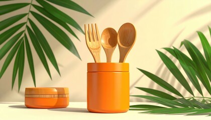 Eco-friendly bamboo kitchen utensils arranged with lush green palm leaves and soft light.