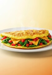 A fluffy golden omelette filled with fresh chopped vegetables and melting cheese, served on a white plate ready for a delicious morning meal, pepper, mushroom, prepared