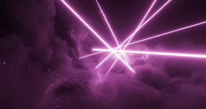 Abstract display of vibrant purple laser beams intersecting in a dark, smoky atmosphere